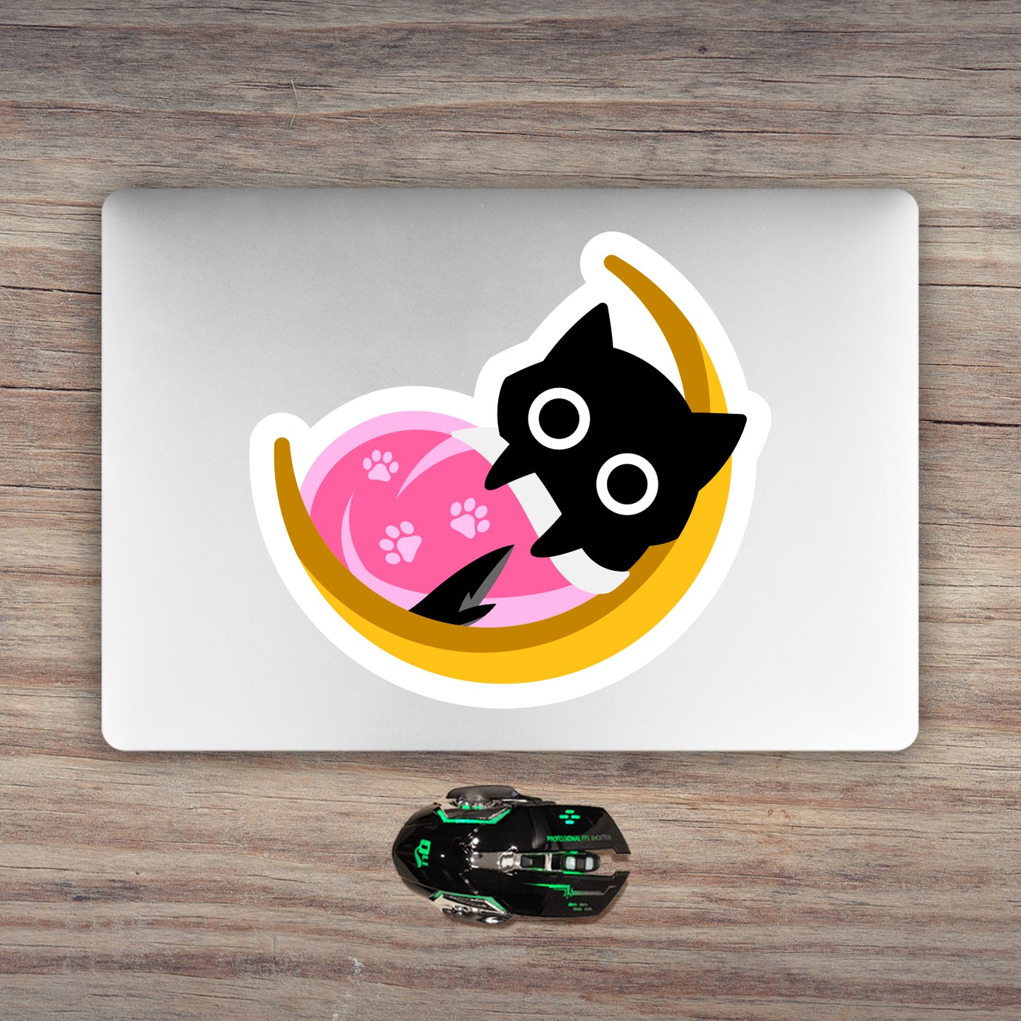 Sleepy Chibi Baby Black Cat On a Crescent Moon Sticker