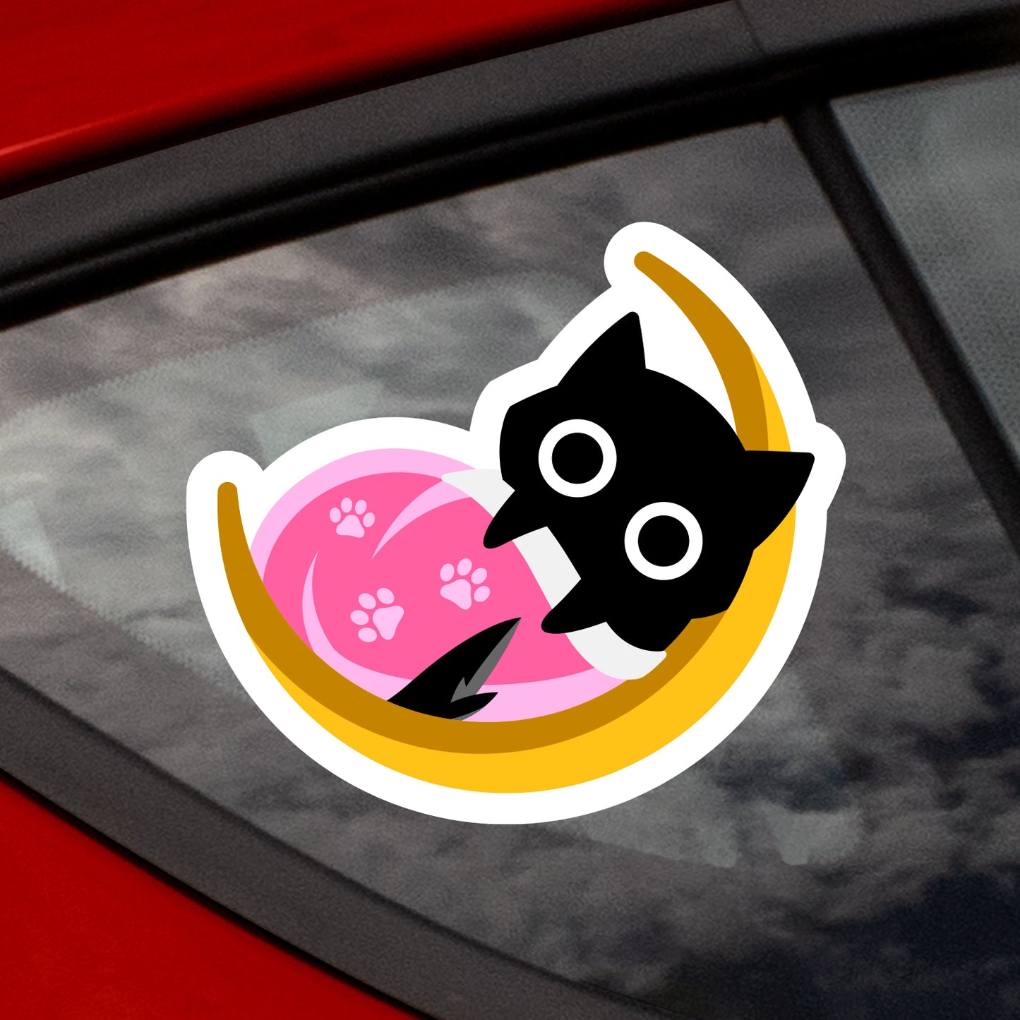 Sleepy Chibi Baby Black Cat On a Crescent Moon Sticker