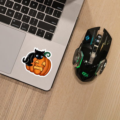 Halloween Black Cat Biting Pumpkin Sticker