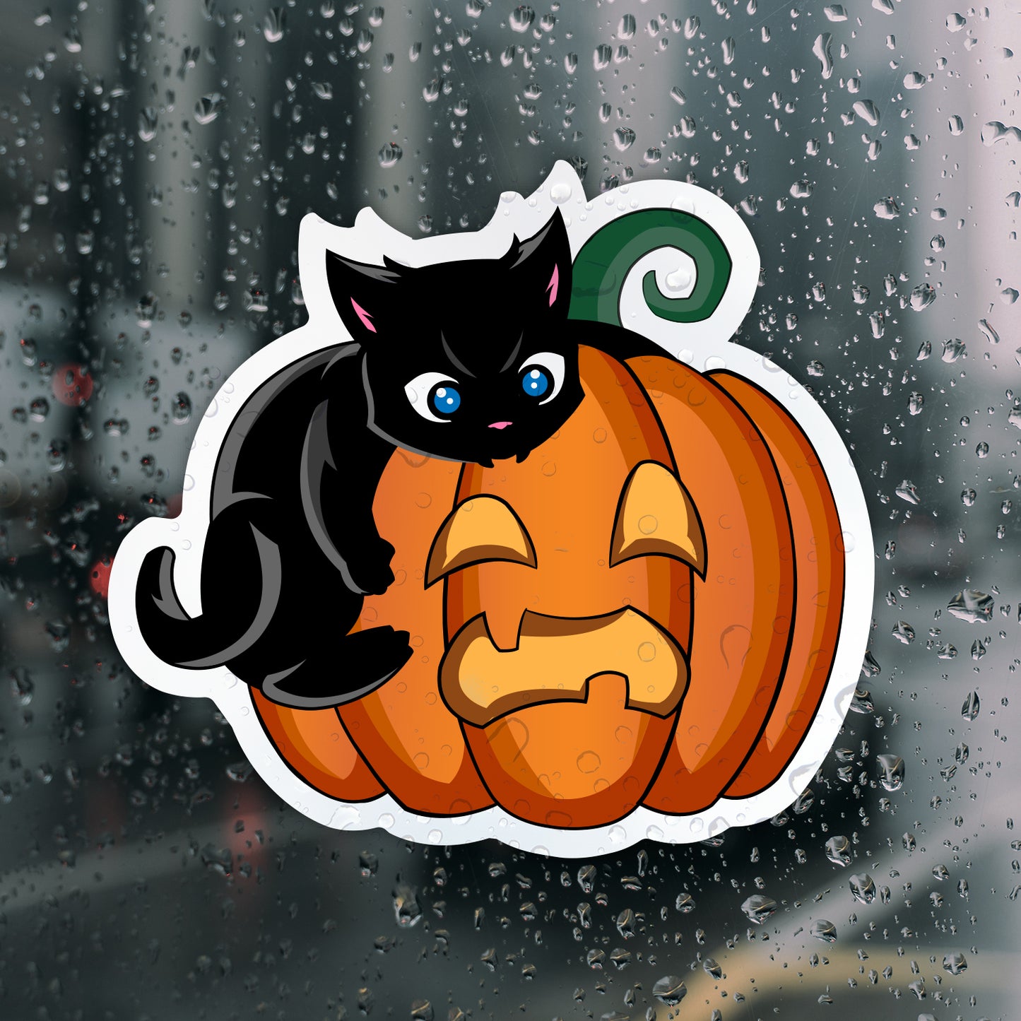 Halloween Black Cat Biting Pumpkin Sticker