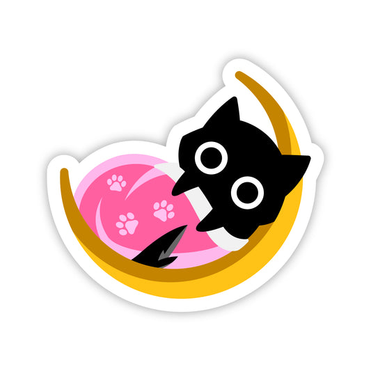 Sleepy Chibi Baby Black Cat On a Crescent Moon Sticker